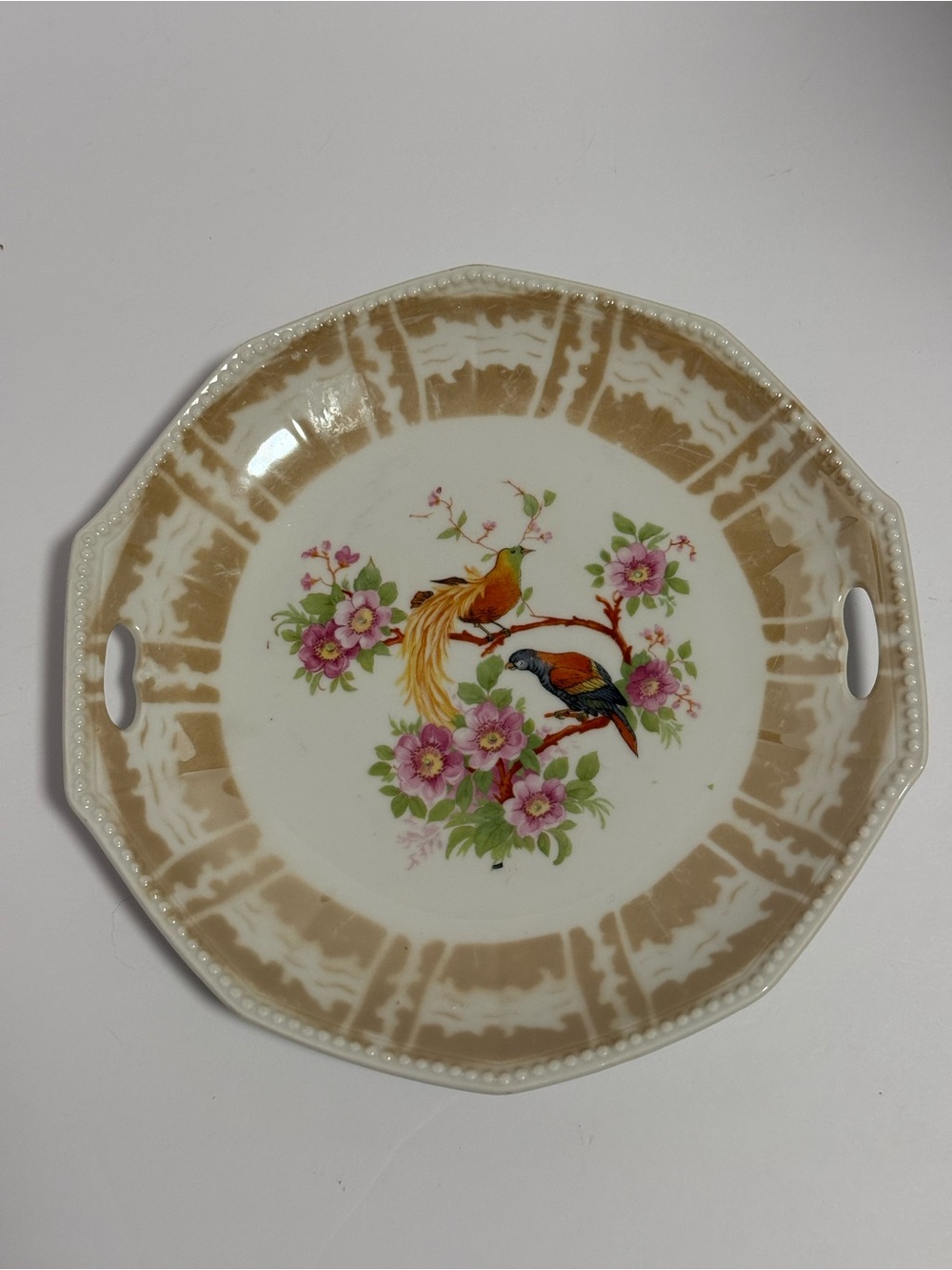 Decorative Floral Bird Serving Plate in Beige and Pink - Made in Germany.